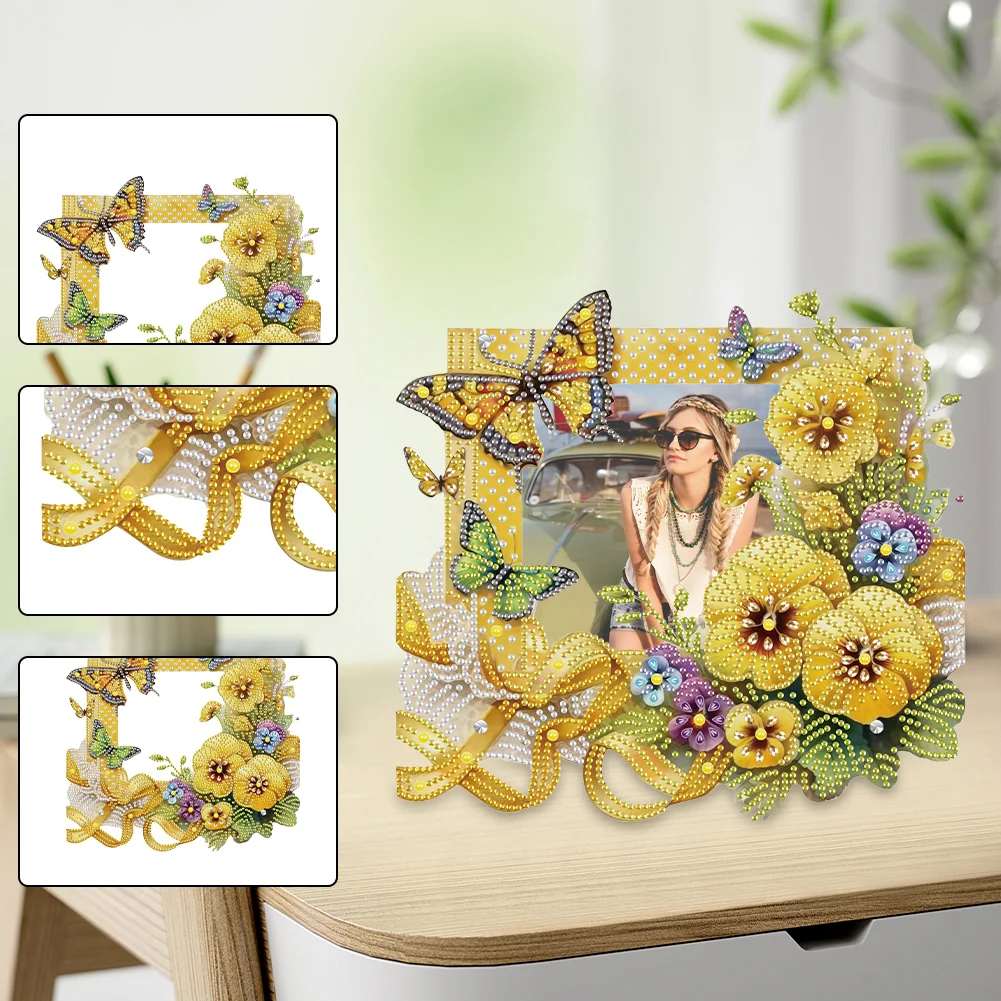 5D DIY Yellow Flower Butterfly Acrylic Special Shape Diamond Painting Picture Frame