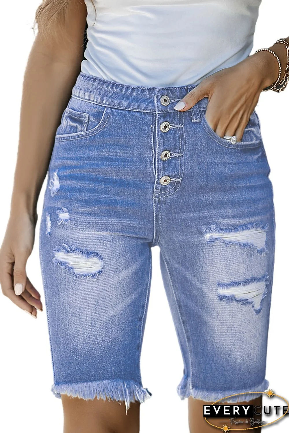 Sky Blue Button Fly Distressed Skinny Bermuda Denim Shorts