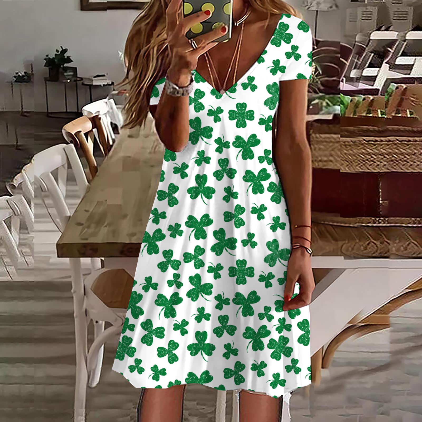 Lucky Clover Print V Neck Short Sleeve Midi Dress wearshes