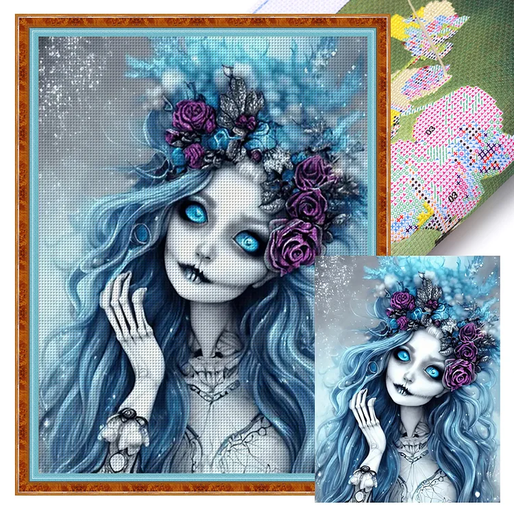 Blue Hair Skull Girl 11CT Stamped Cross Stitch 40*55CM