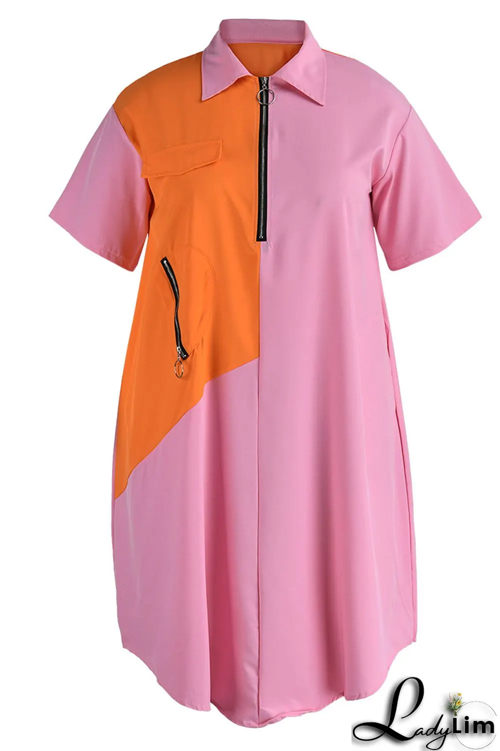 Light Blue Casual Solid Patchwork Zipper Collar Straight Plus Size Dresses