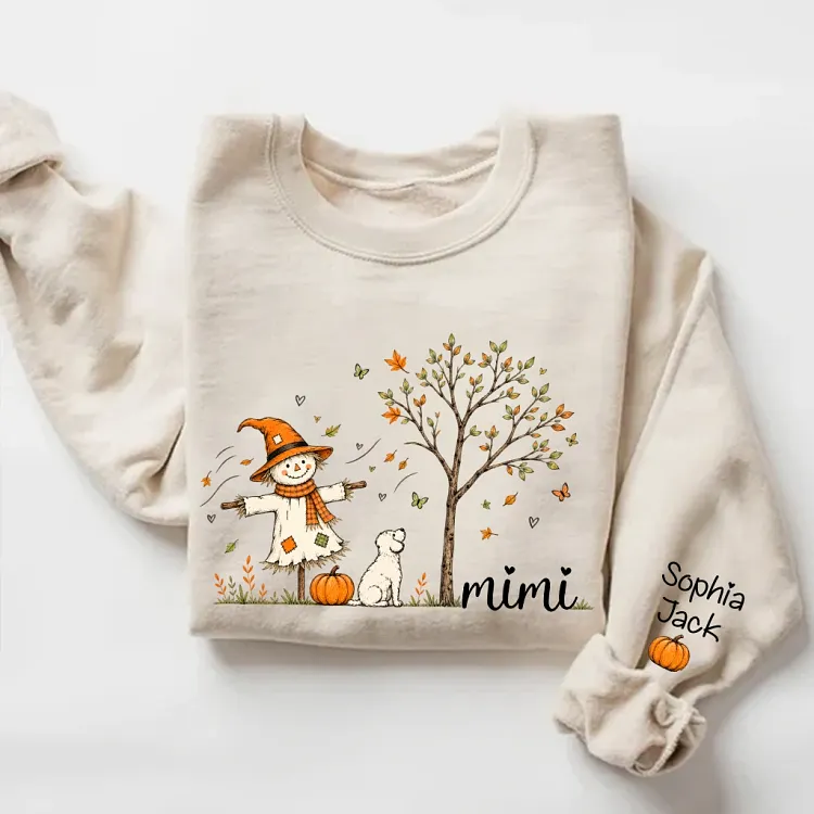 Personalized Mimi Fall Sweatshirt, Custom Grandkids Names Sleeve, Cute Scarecrow Pumpkin Autumn Tree Grandma Sweatshirt, Fall Gift for Mimi