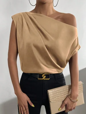 Image of Loose Asymmetric Solid Color One-Shoulder Blouses&Shirts Tops