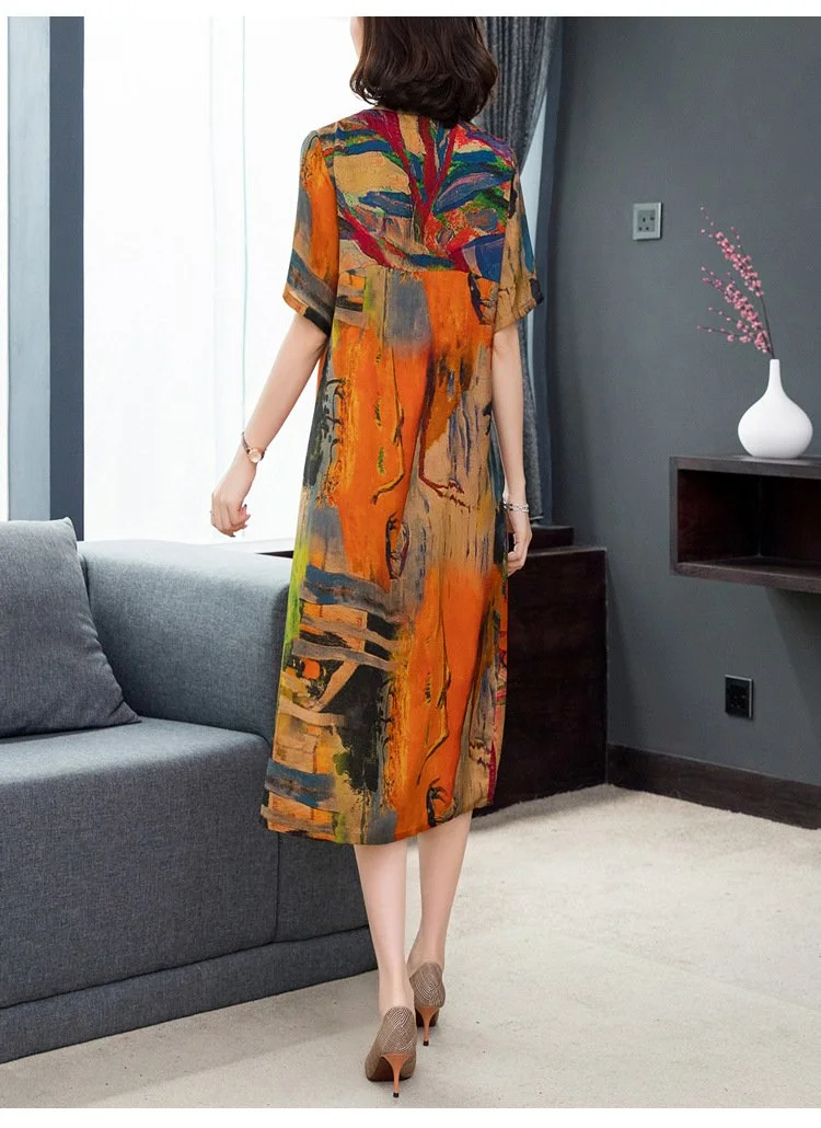 Color imitation silk mid-length dress