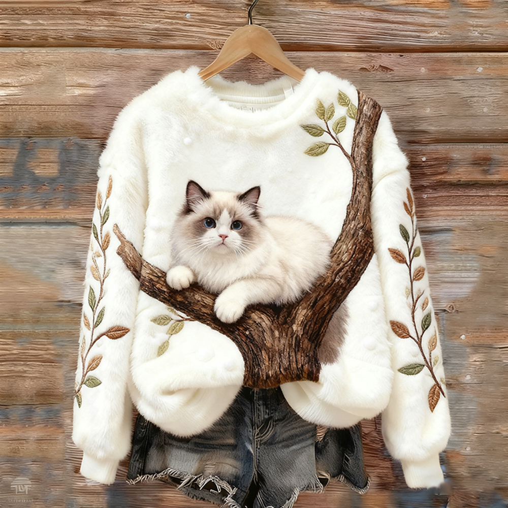 Hiding Cat On A Tree Flannel Crewneck Sweatshirt elevenforest