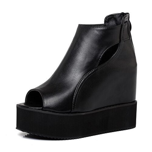 Gdgydh Open Toe Ankle Boots For Women Wedges Shoes 2021 Spring Summer Shoes Female Casual Soft Leather Black Boots Comfortable