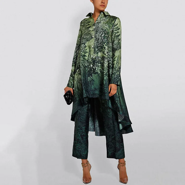 VChics High Low Tunic Printed Pants Office Two-piece Set