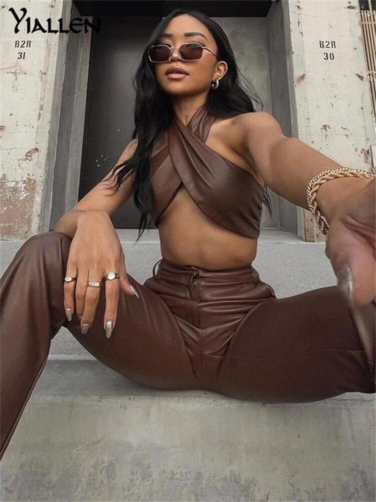 Yiallen  Autumn New PU leather Set Women Halter Sleeveless Crop Top And High Waist Straight Long Pants Casual Two Pieces Sets