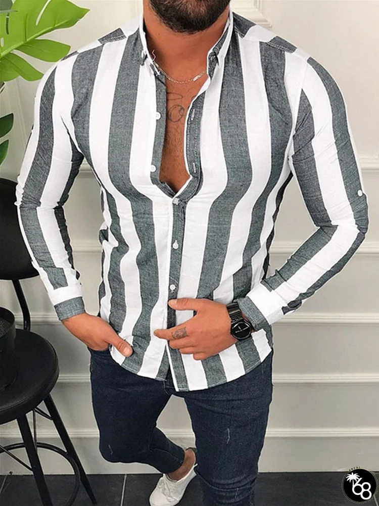 Men's Long-sleeved Lapel Vertical Stripes Shirt Loose Casual Shirt Breathable Cardigan Shirt Gray,Green,Blue | 168DEAL