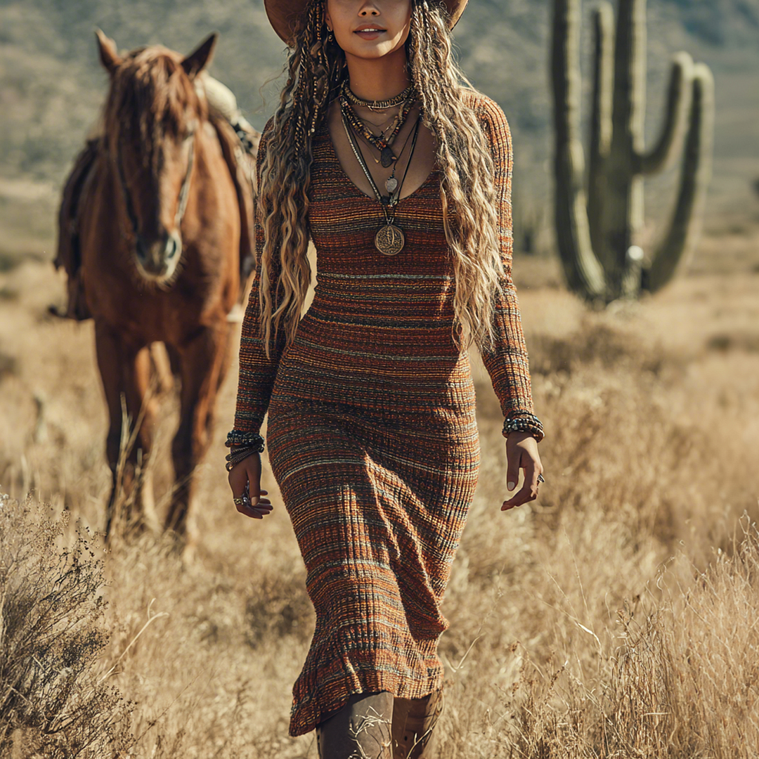Western Girl Retro Ethnic Style Geometric Striped Floral V-neck Long-sleeved Dress