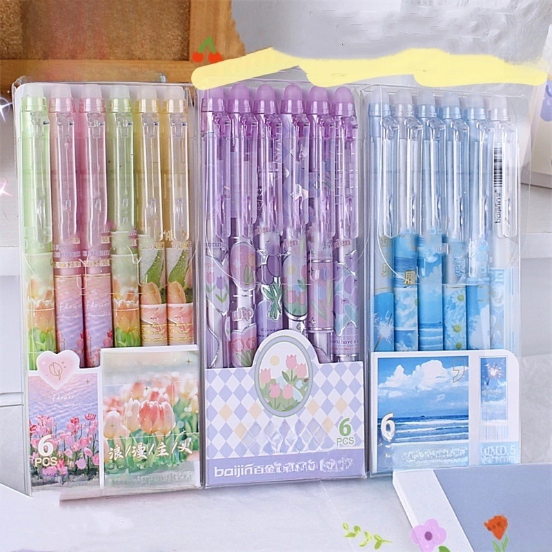 1 Box Of 6 Pieces Tulip Class Learning Plastic Minimalist Classic Style Gel Pen