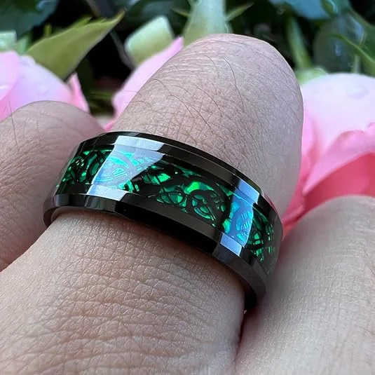 6MM 8MM 10MM Tungsten Carbide Men's Black with Green Celtic Dragon Knot Wedding Rings