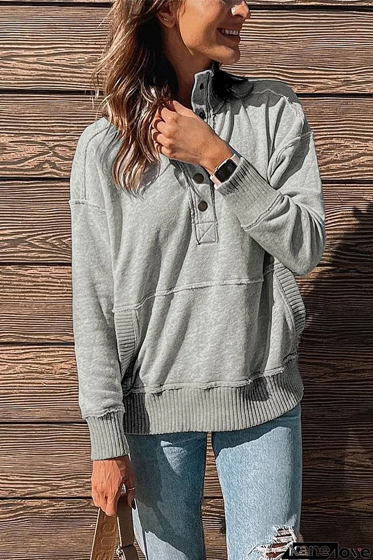 Ribbed Trim Snap Buttons Front Casual Sweatshirt