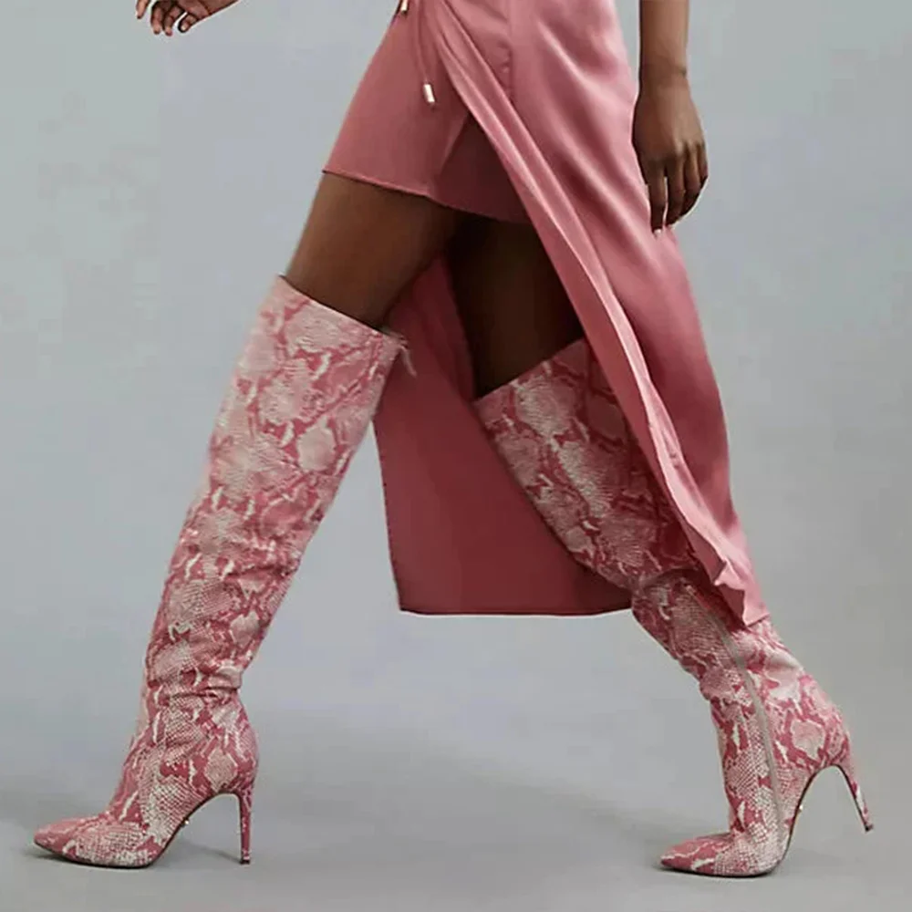 Pink Pointed Toe Boots Snakeskin Pattern Thigh Knee High Boots