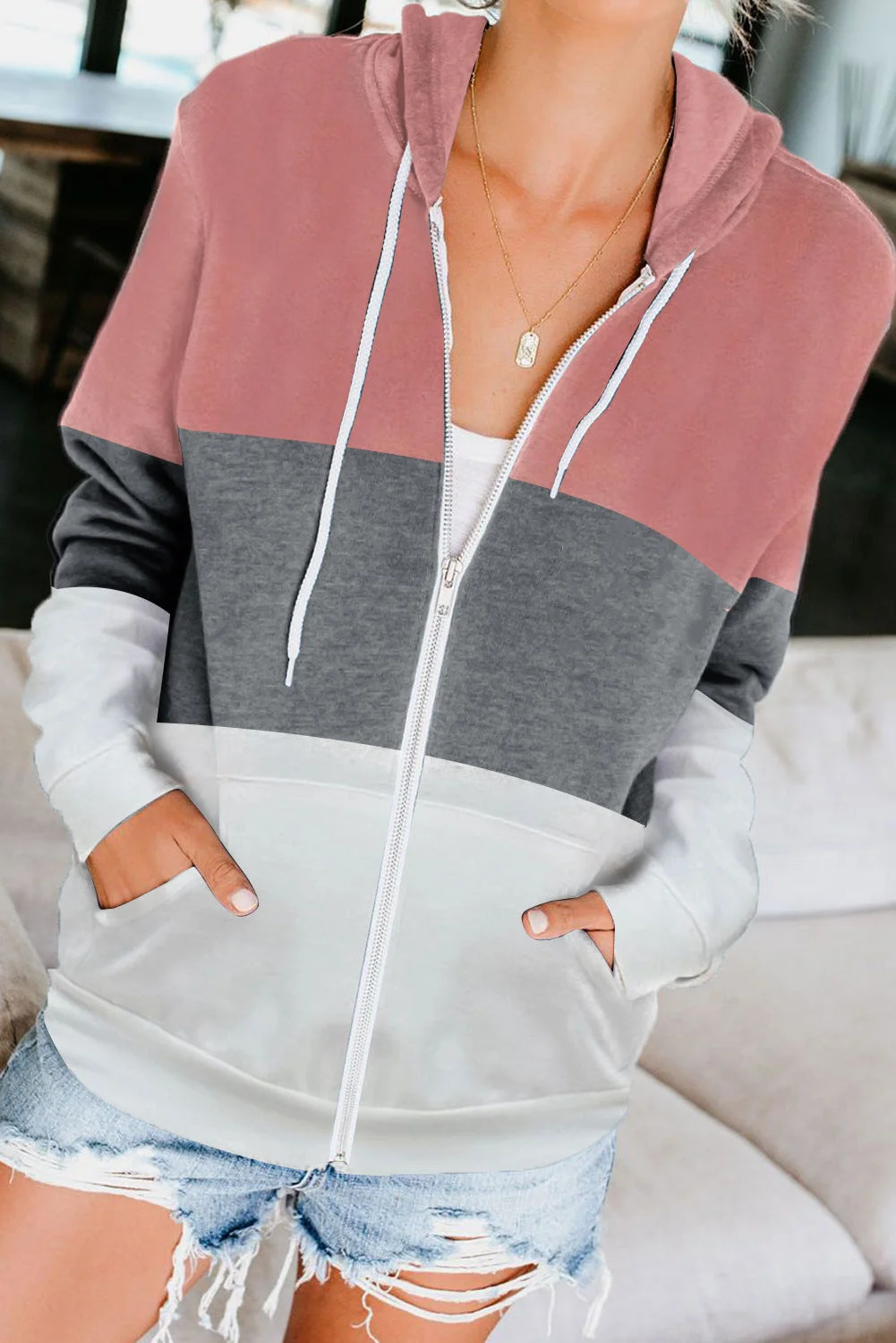Uveng Sleeve Color Hooded Sweatshirt Women's Cotton Blend Zipper Pocket Cardigan Jacket