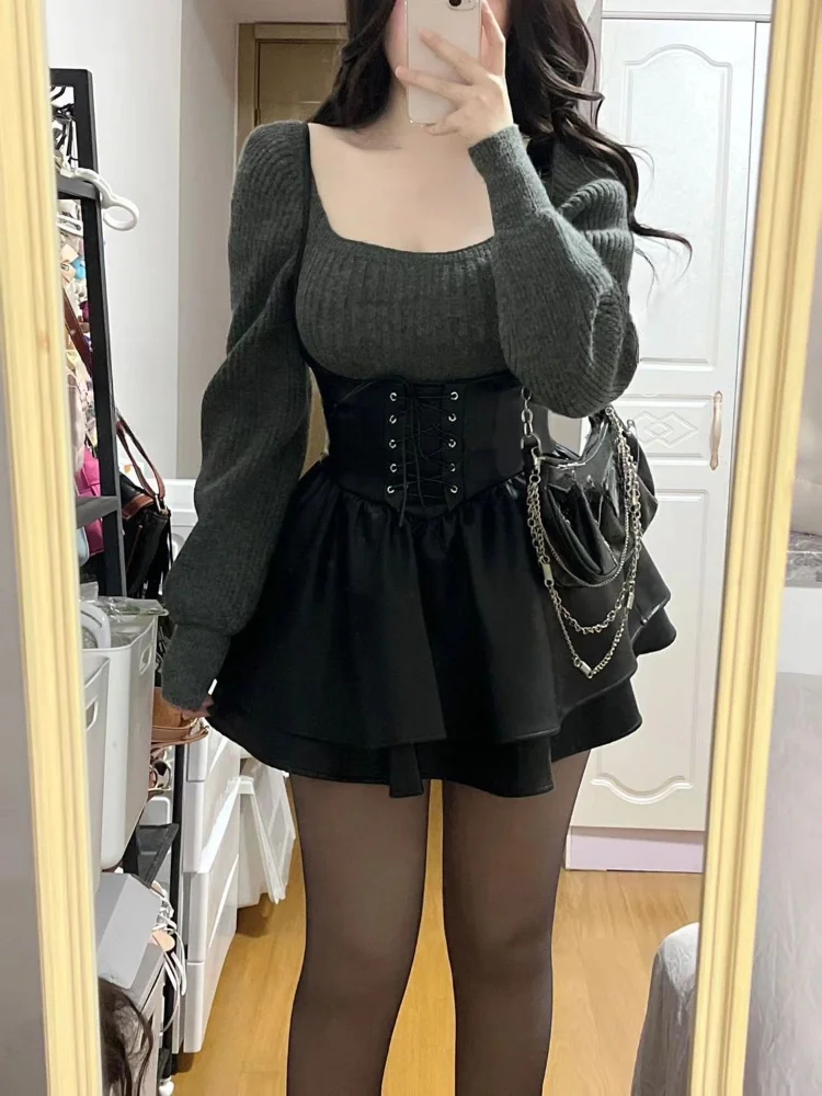 Woherb Winter High Waist Leather Black Mini Dress + Casual Knitted Sweater Elegant Clohting Woman Korean Fashion Suit Design Chic-Outfit Ideas