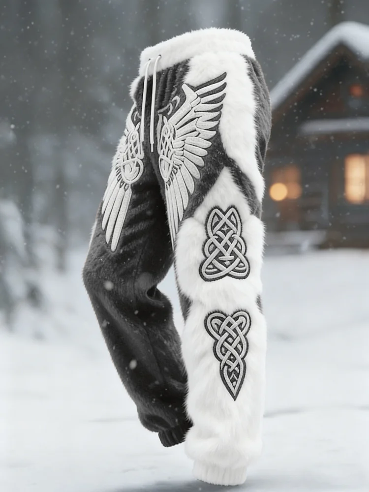 Men's Vintage Viking Tribal Jacquard Celtic With Wings Graphics Art Casual  Flannel Pants