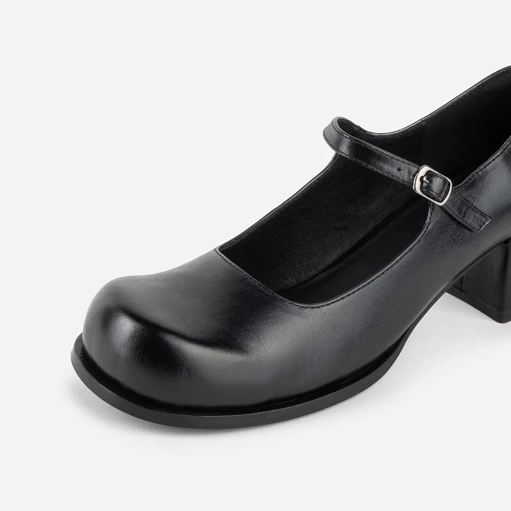 Women's Black Round Toe Mid Block Heel Mary Jane Pumps with Buckle