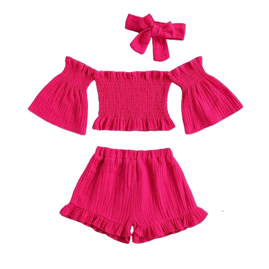 3 Pcs Infant Solid Color Outfits, Baby Girls Off Shoulder Flare Sleeves Boat Neck Tops + Ruffle Shorts + Bowknot Headband 1-6T