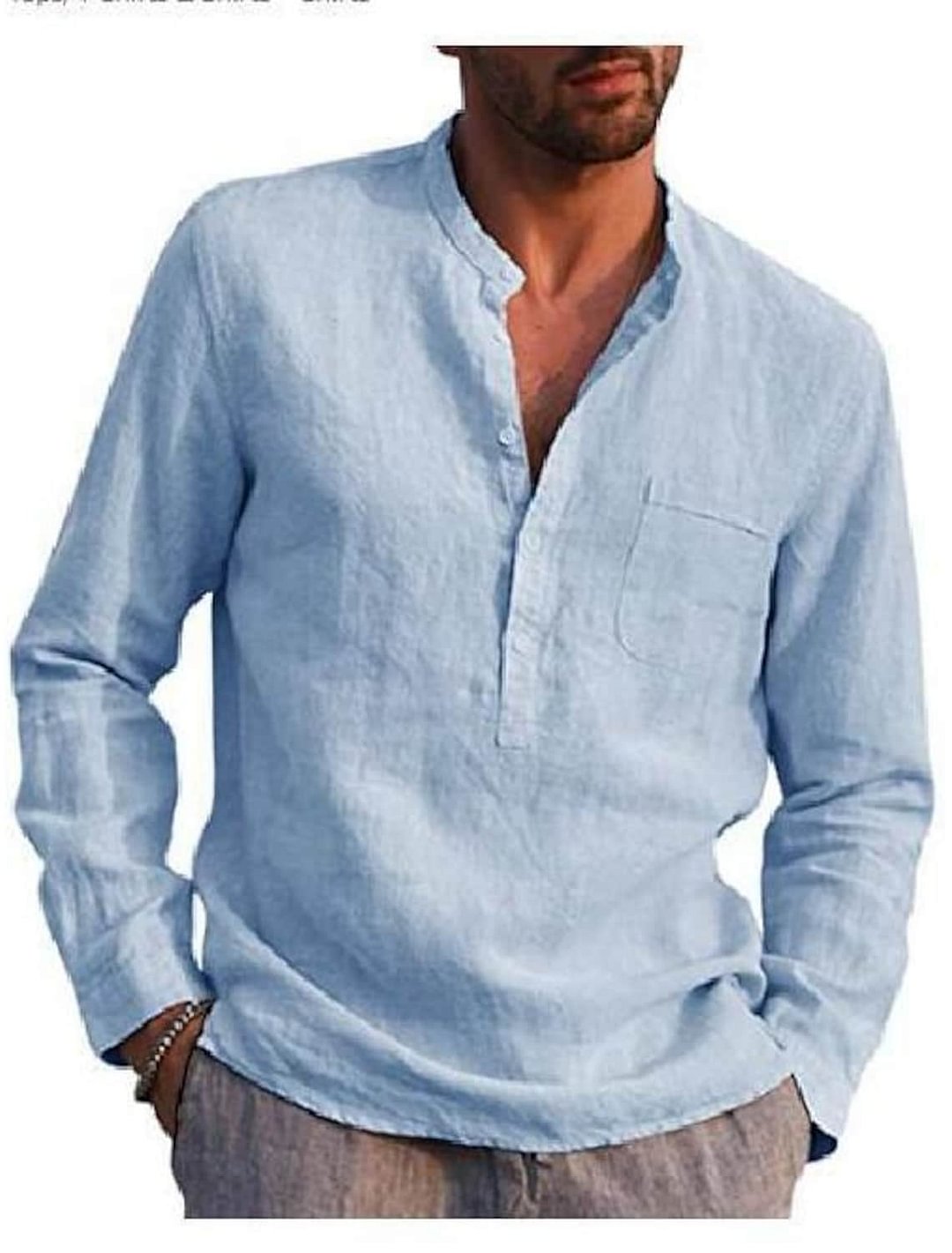Men's Shirt Solid Color Pocket Long Sleeve Street Tops Cotton Casual Breathable Daily Henley V Neck Light Blue Wine Red Gray / Beach Linen