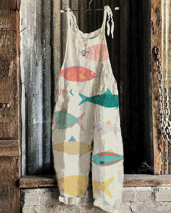 Multicolor Sardine Japanese Art Linen Blend Jumpsuit