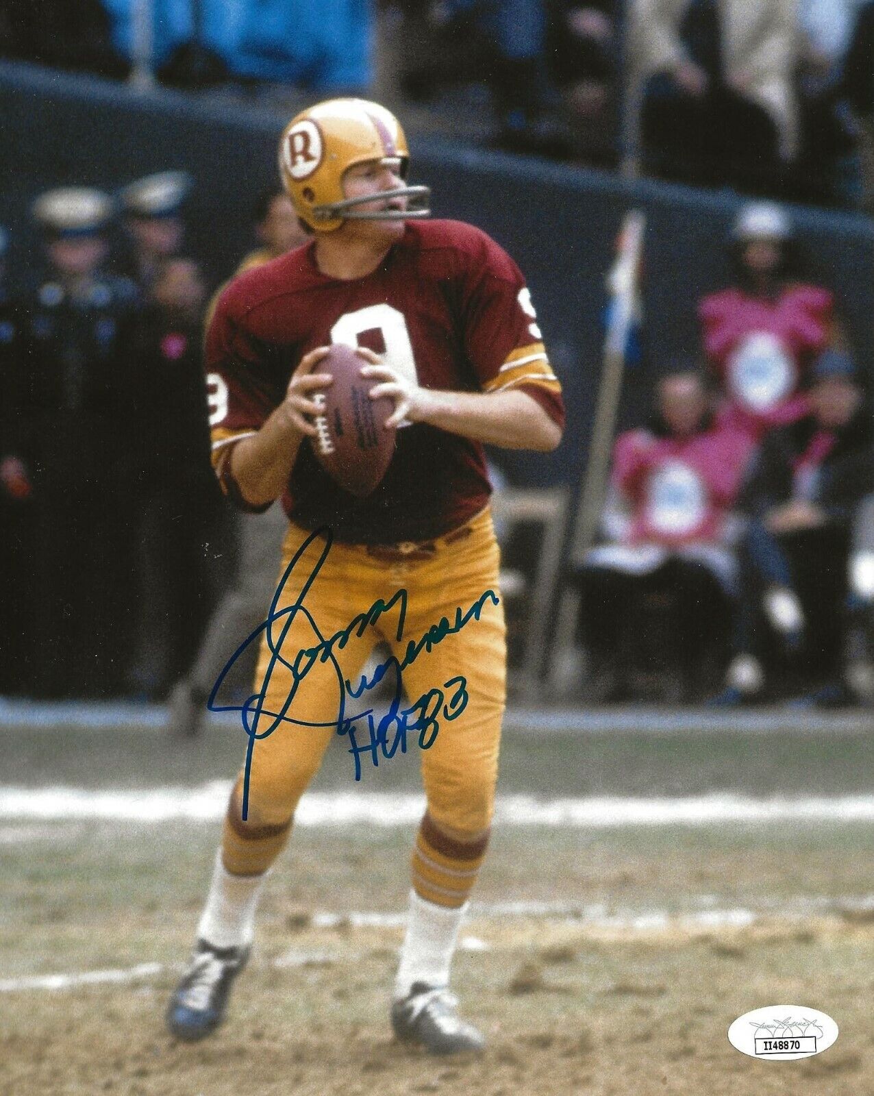 Sonny Jurgensen signed Washington Redskins 8x10 Photo Poster painting W/ HOF Inscription JSA