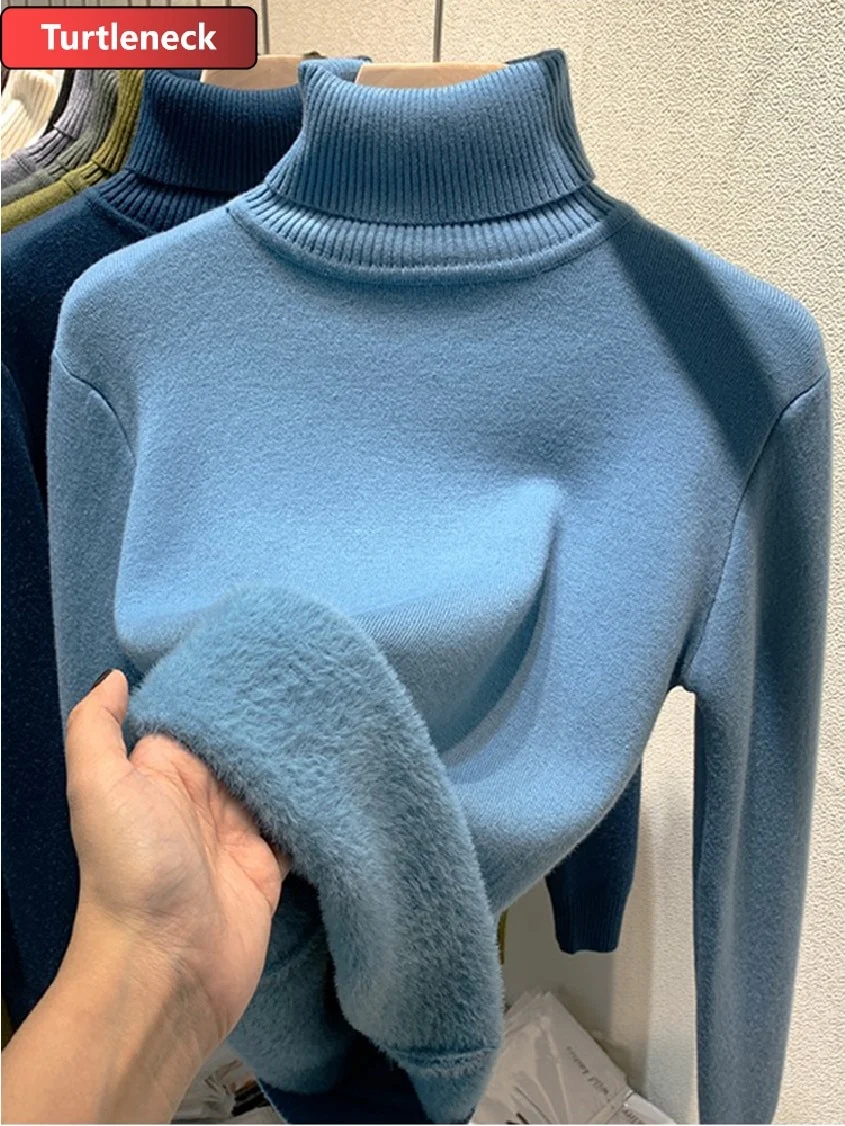 Uveng Warm Sweater Pullover Women Slim Thicken Plush Velvet Lined Knitwear Jumper Korean Half Turtleneck Poleras Soft Knit Tops