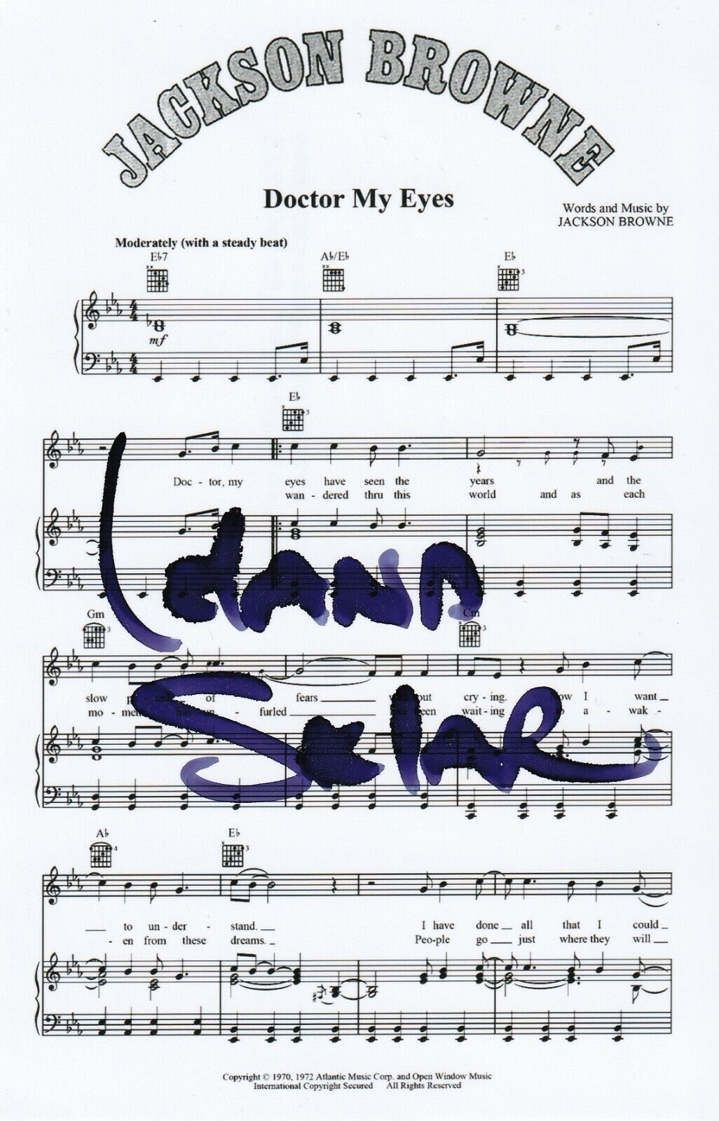 Leland Sklar REAL hand SIGNED 4x6 Jackson Browne Doctor My Eyes Sheet Music COA