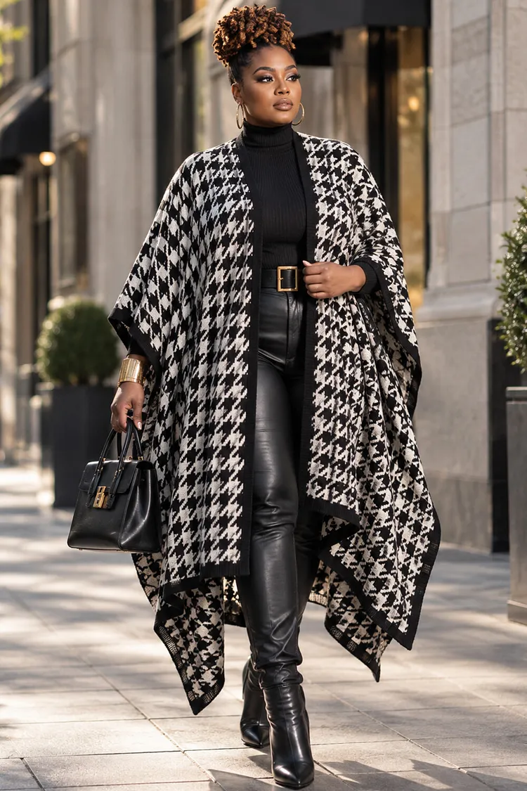 Xpluswear Design Plus Size Business Casual Black Houndstooth Long Sleeve Rib Knit Cardigans [Pre-Order] 2024 - Xpluswear