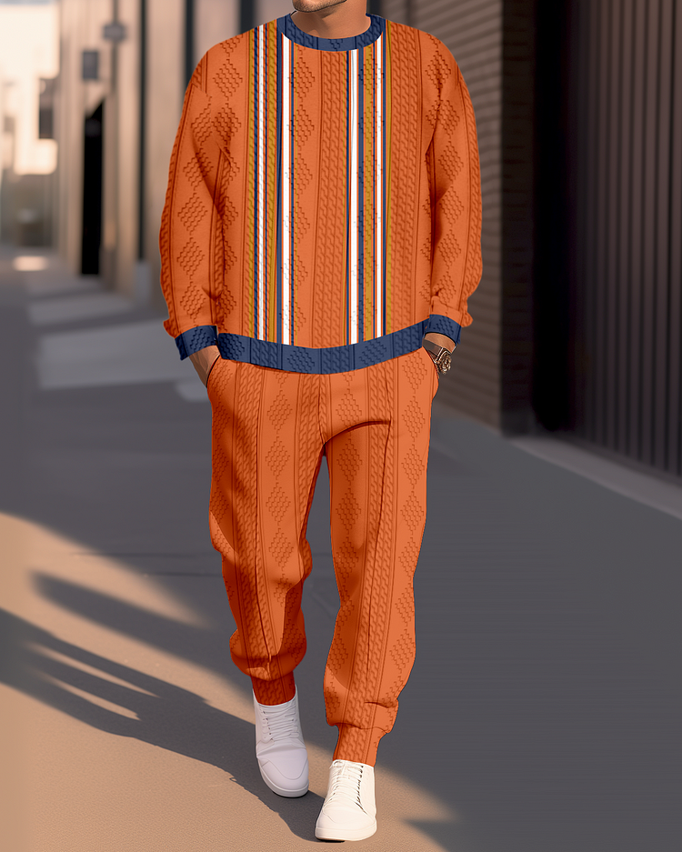 Men's Textured Jacquard Round Neck Casual Sports Set  009