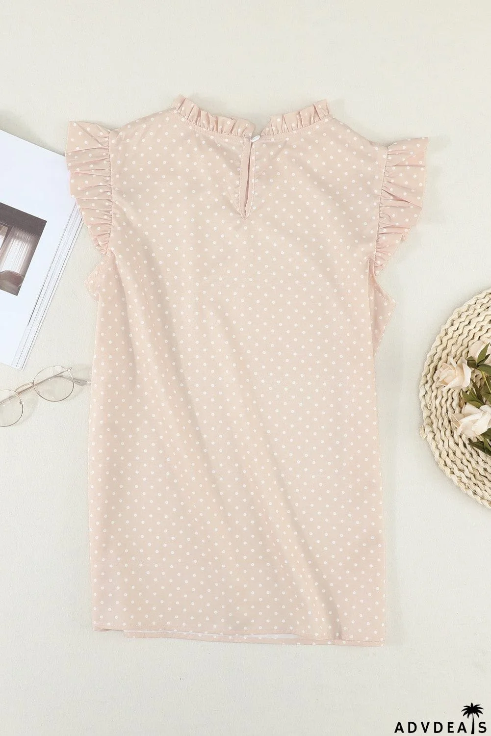 Ruffled Collar Dotted Print Top