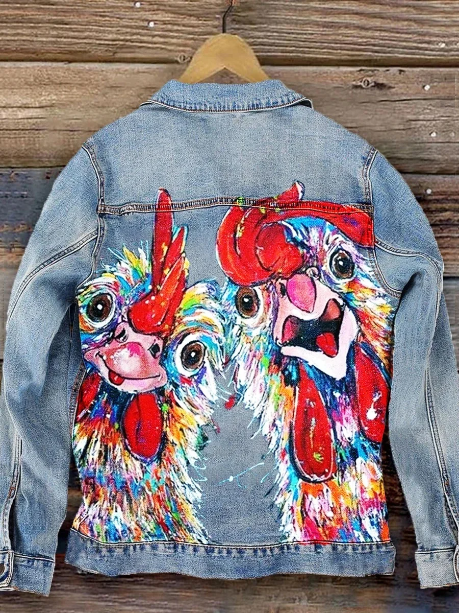 Eagerlys Cock Illustration Art Print Casual Denim Jacket Eagerlys