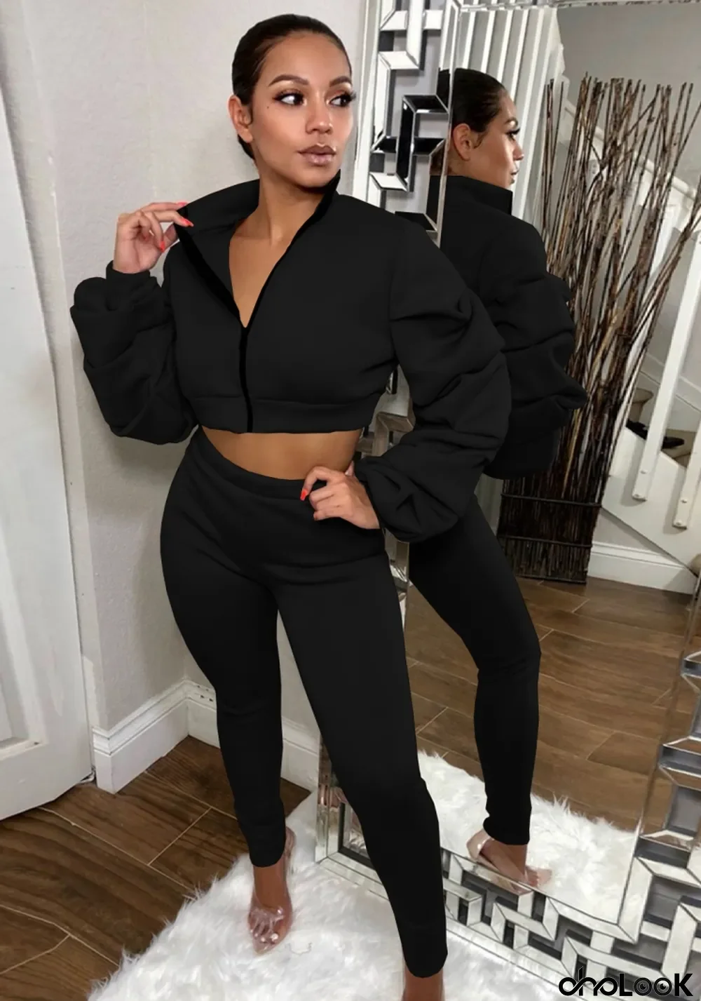 Winter Black Puff Sleeve Zipped Crop Top and Matching Pants 2PC Set