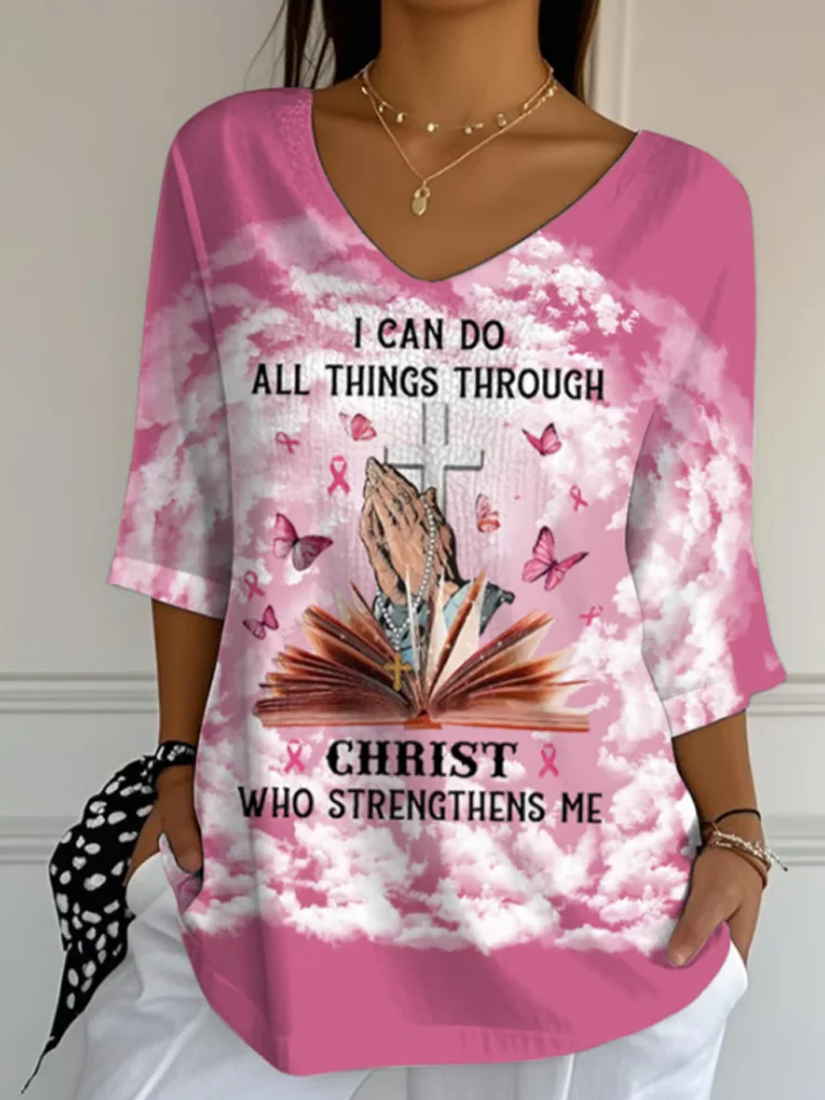 Women's Casual Pink Faith  Awareness Print T-shirt