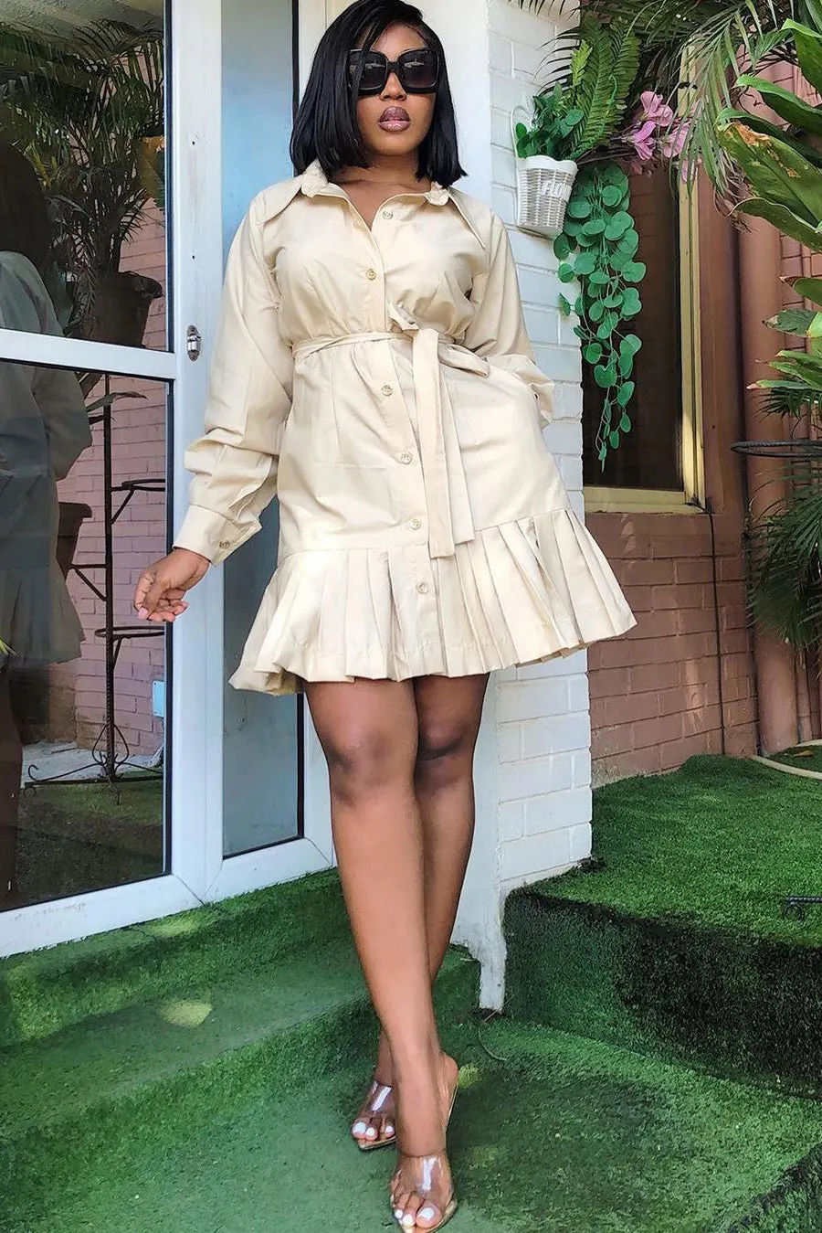 Pocketed Plaid Long Sleeve Mini Shirt Dress