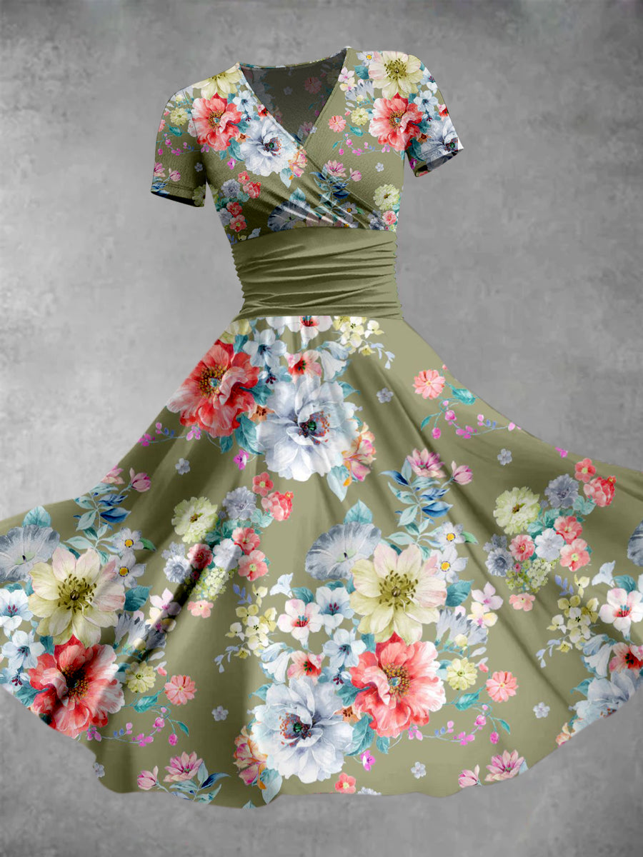 Retro Floral Print V-Neck Short Sleeve Midi Dress