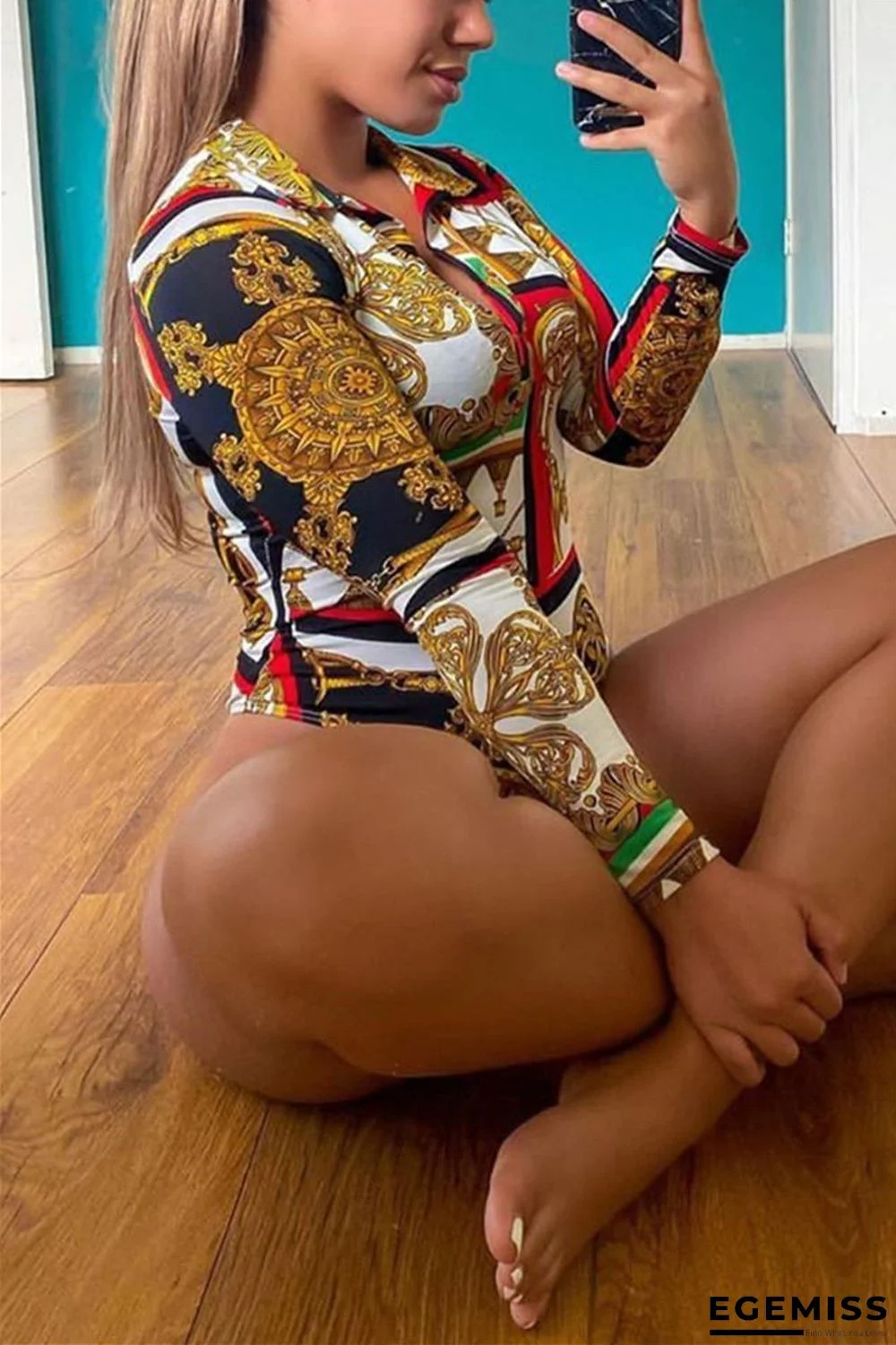 Gold Fashion Sexy Turndown Collar Long Sleeve Regular Sleeve Skinny Print Romper | EGEMISS