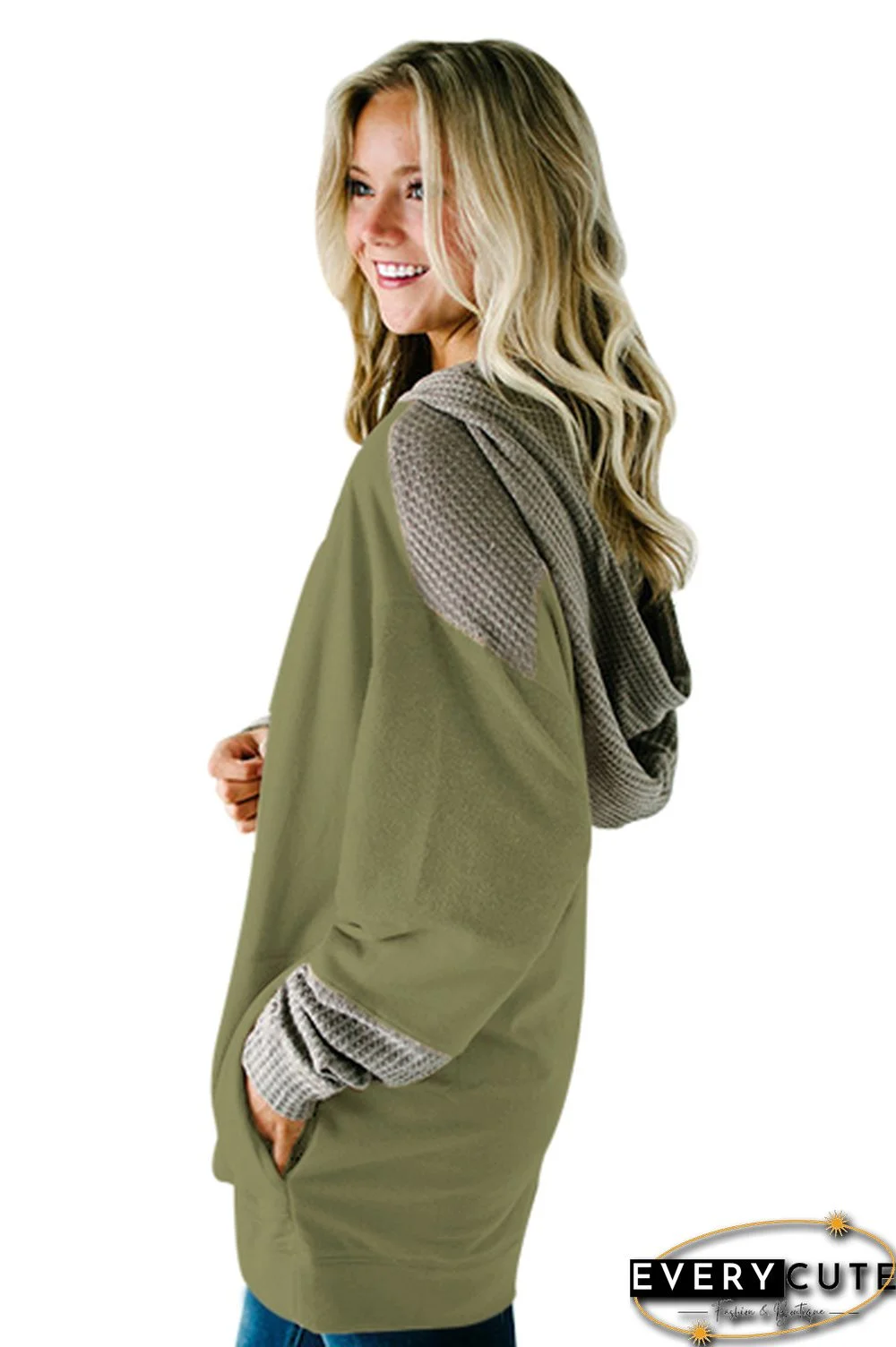 Waffle Knit Splice Army Green Pocket Hoodie