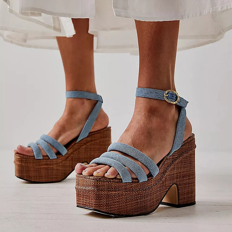 Women'S Blue Strappy Sandal Classic Square Toe Buckle Shoes Platform Chunky Heels |FSJ Shoes