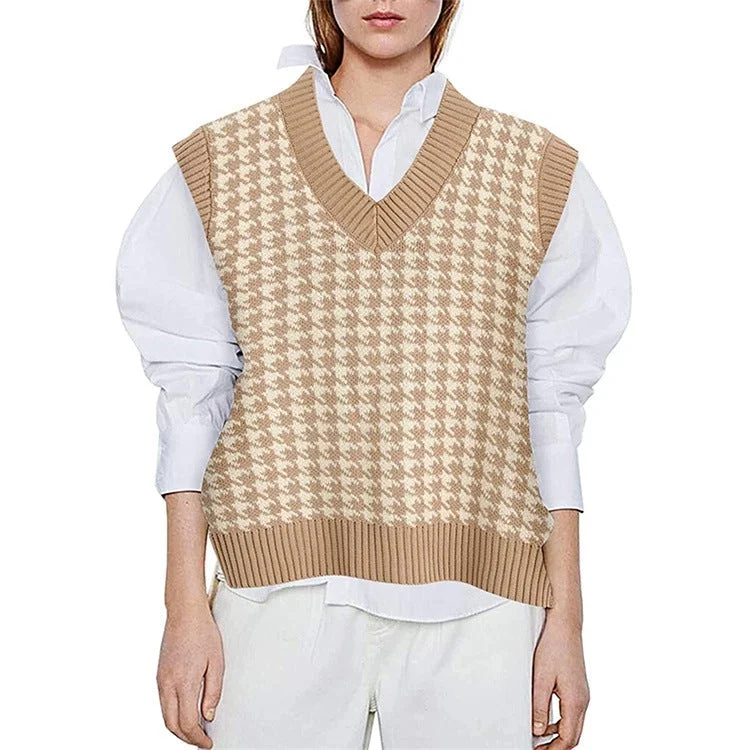 Urban Casual V-Neck Pullover Ladies Sweater Plaid Small Waistcoat