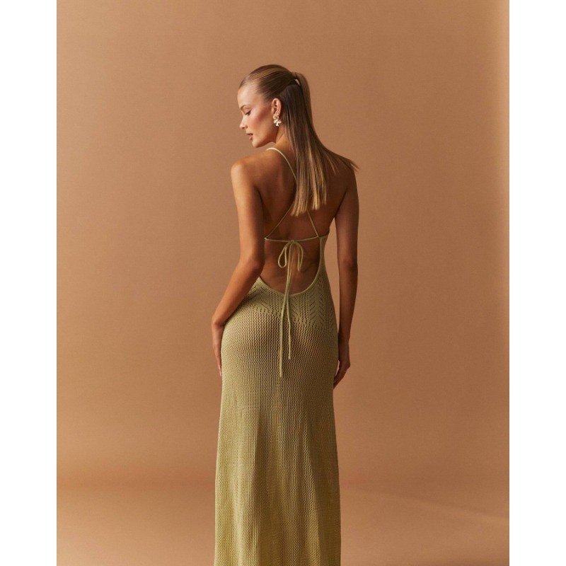 Ootddress Summer Knit Bandage Maxi Dress Female Hollow Out See-Through Printed High Waist Backless Beach Holiday Women Long Dress