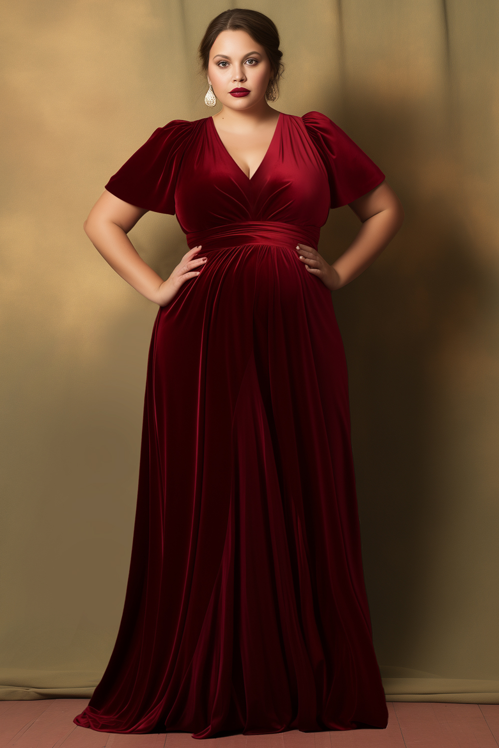 Flycurvy Plus Size Wedding Guest Red Velvet V Neck Short Sleeve Maxi Dress