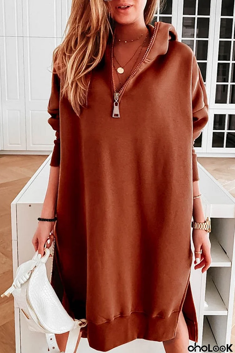 Loose Half Zipper Side Slit Hooded Dress