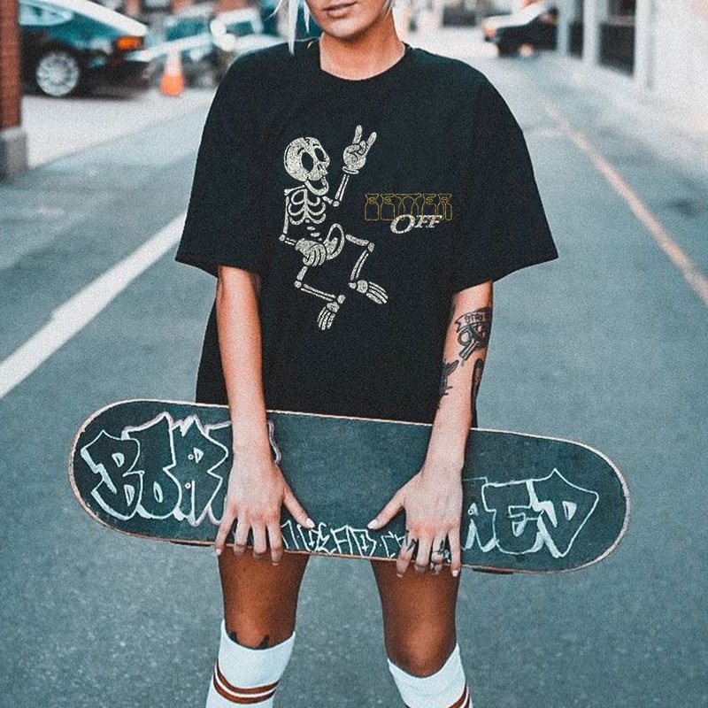 Funny Skeleton Print Retro Oversized Black T-shirt - Krazyskull