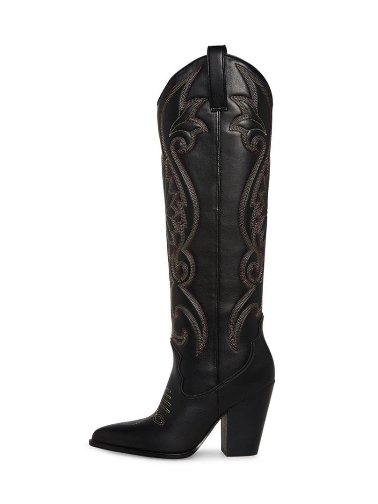 Black Stitch Pointed Toe Slanted Block High Heel Western Mid Calf Boots