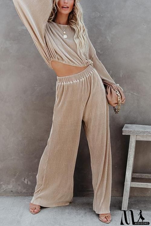 MidiSono - Pleated Crop Blouse Wide Leg Pants Set