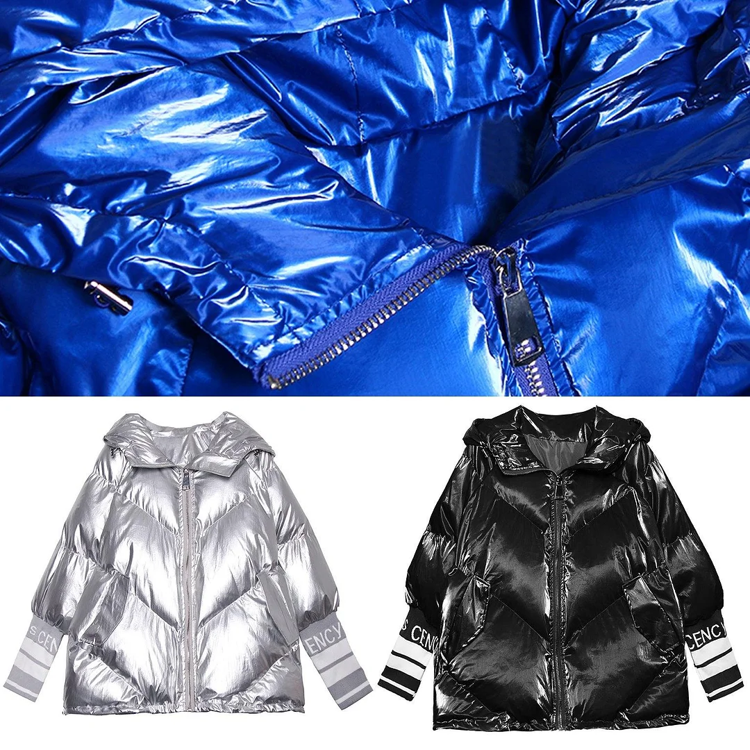 Fine silver gray print women parka oversize down jacket hooded zippered overcoat