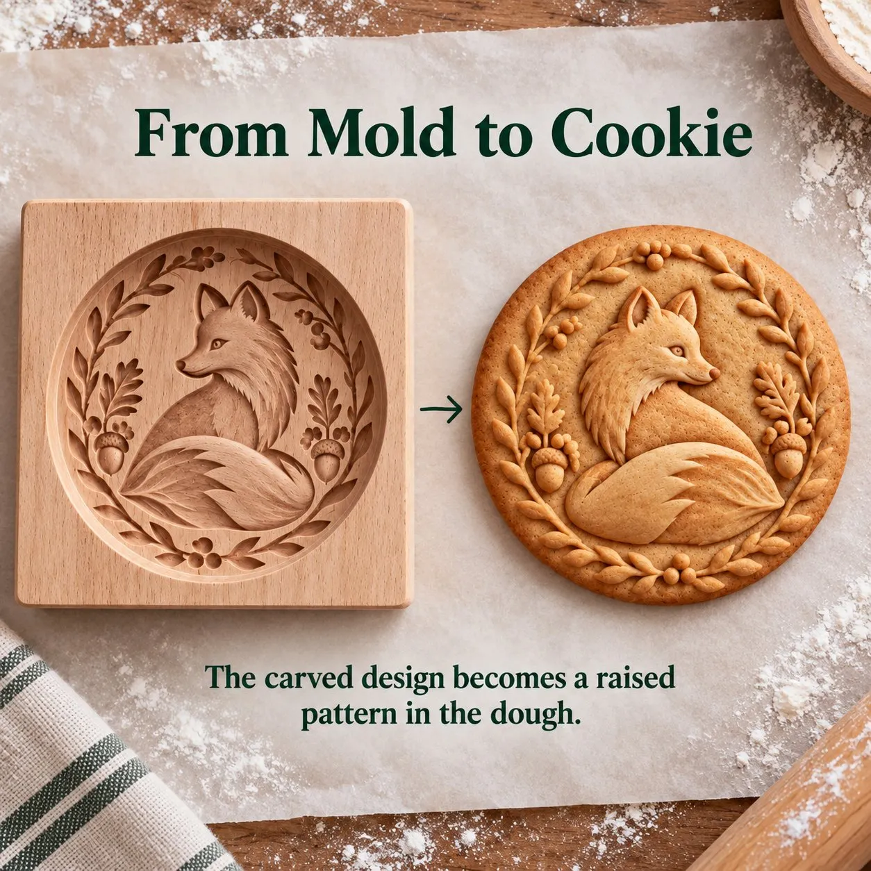 From wooden fox mold to matching embossed cookie