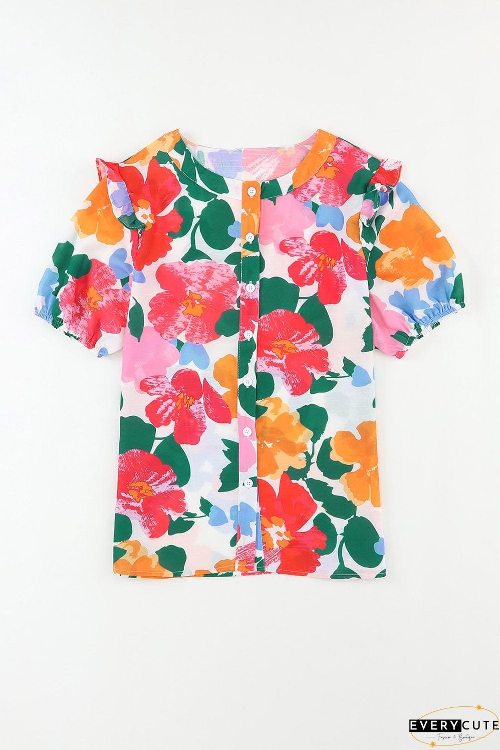 Floral Fantasy Puff Sleeve Blouse with Ruffle Detail