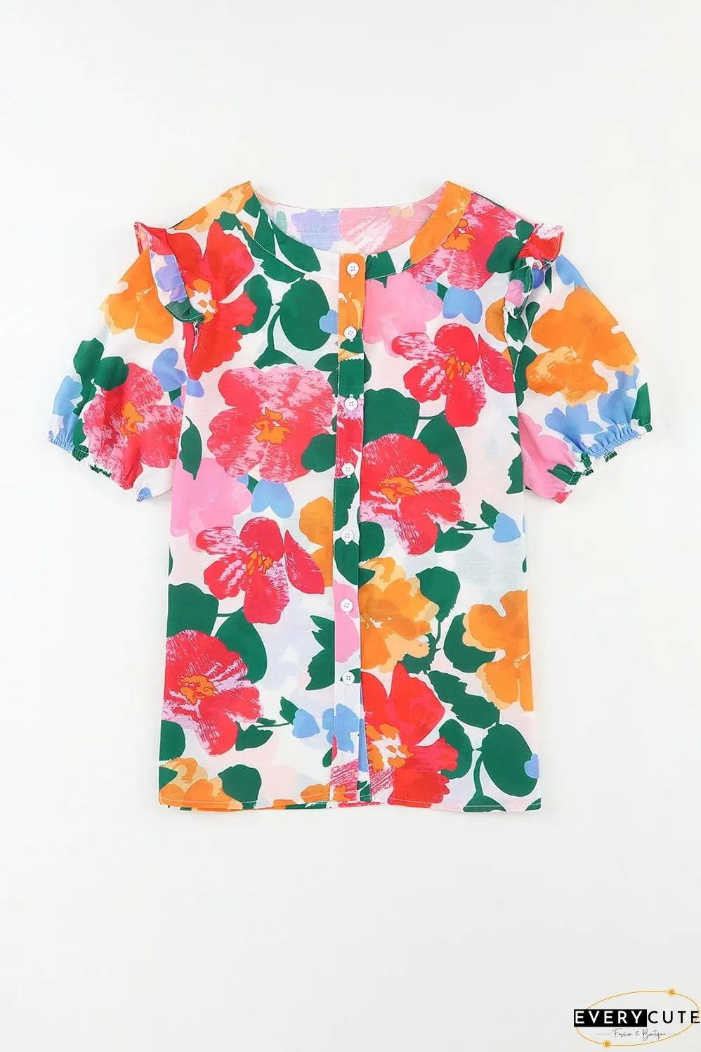 Floral Fantasy Puff Sleeve Blouse with Ruffle Detail